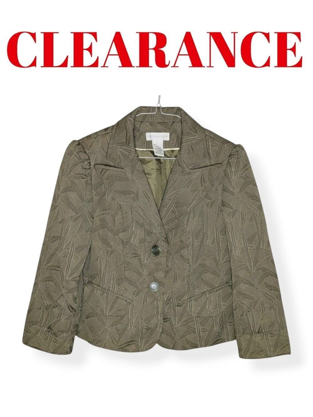 Worthington Green Taupe Textured Blazer Leaf Pattern Classic Women Jacket Size 6